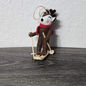 Brown Felt Skiing Reindeer Ornament with Red Scarf